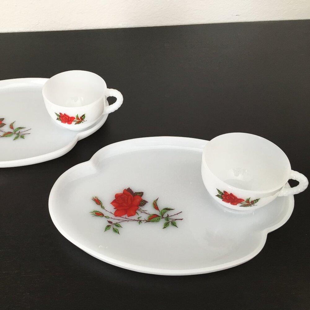 2 Vintage White Milk Glass Scalloped Plates & Tea Cup Snack Set Floral Red Roses